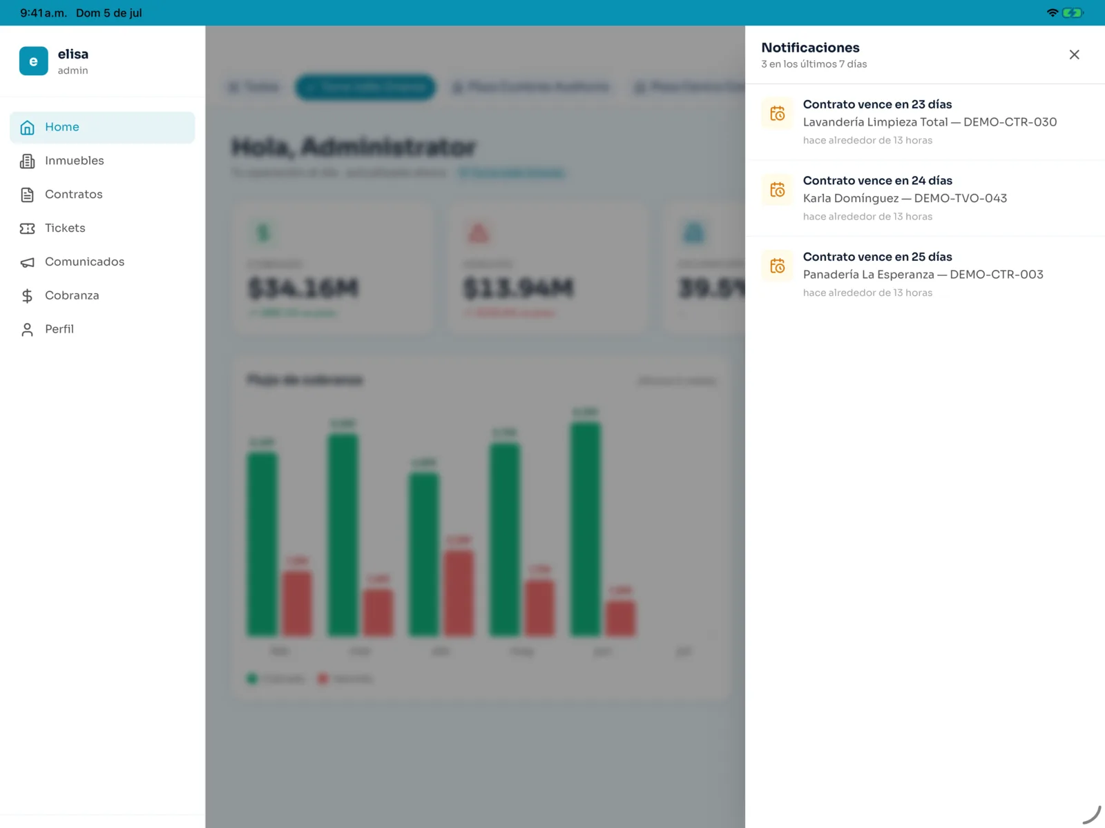 elisa en iPad: notification center con tickets urgentes, contratos por vencer y asignaciones priorizadas