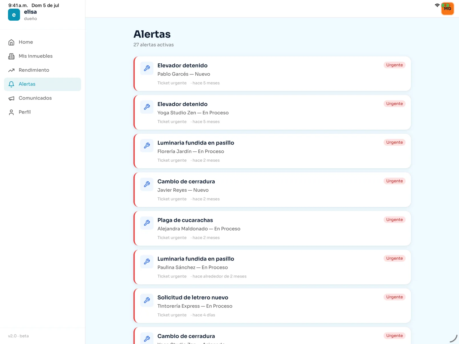Alertas priorizadas del dueño en elisa: contratos por vencer, morosos que superan 60 días y tickets urgentes