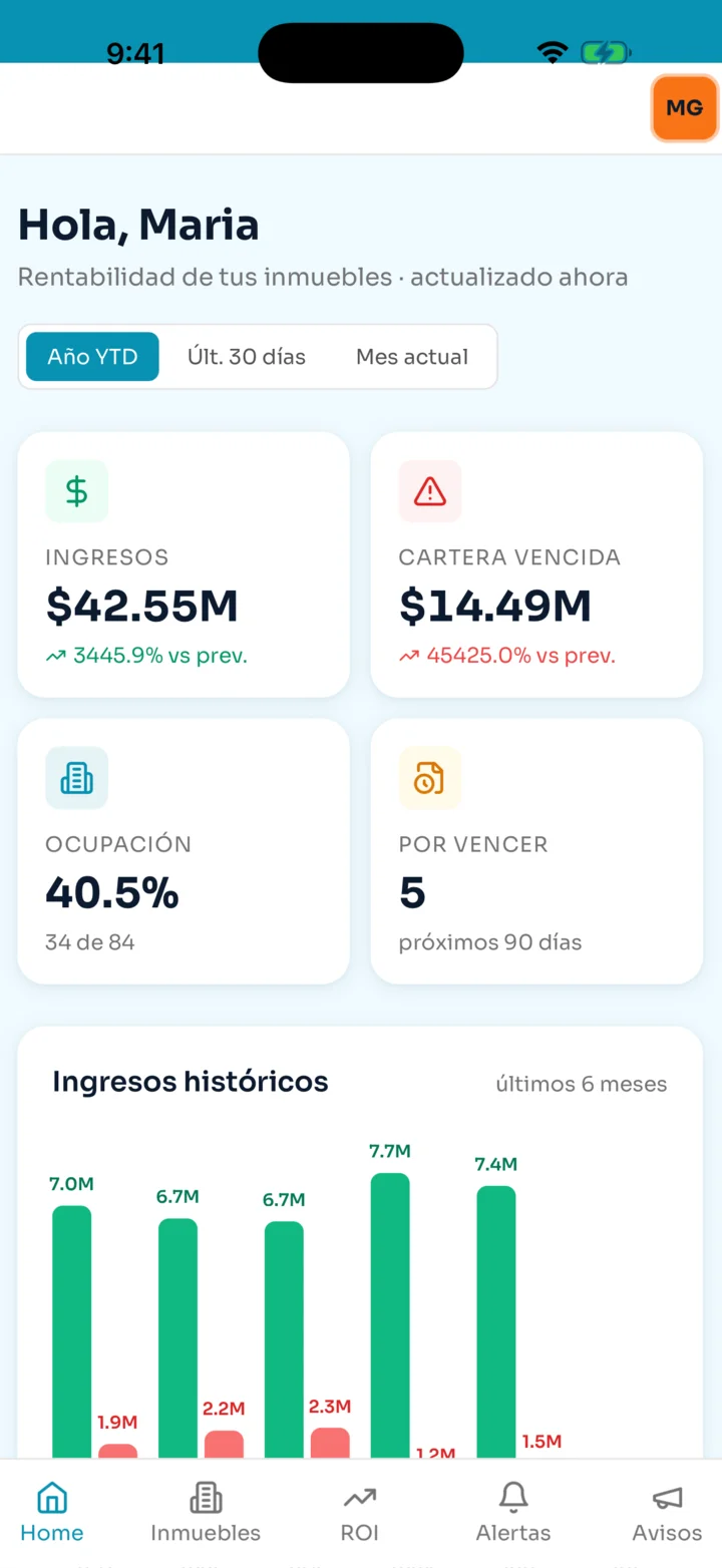 App elisa en iPhone: dashboard del dueño de inmuebles con ingresos y ranking de portafolio